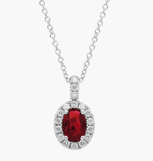 Oval Ruby and Pavé Diamond Pendant in 14k White Gold (7x5mm)